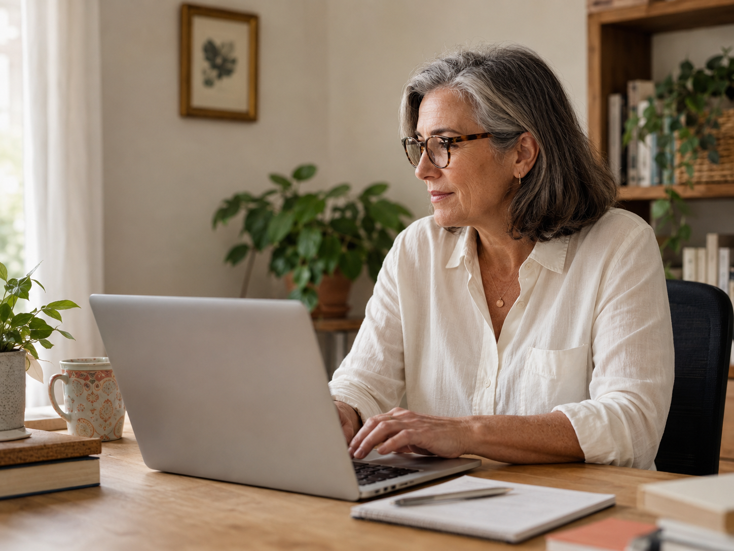 A mature small business owner working thoughtfully at her laptop