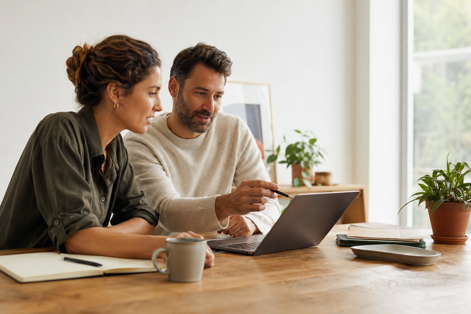 Two small business colleagues reviewing work together at a laptop