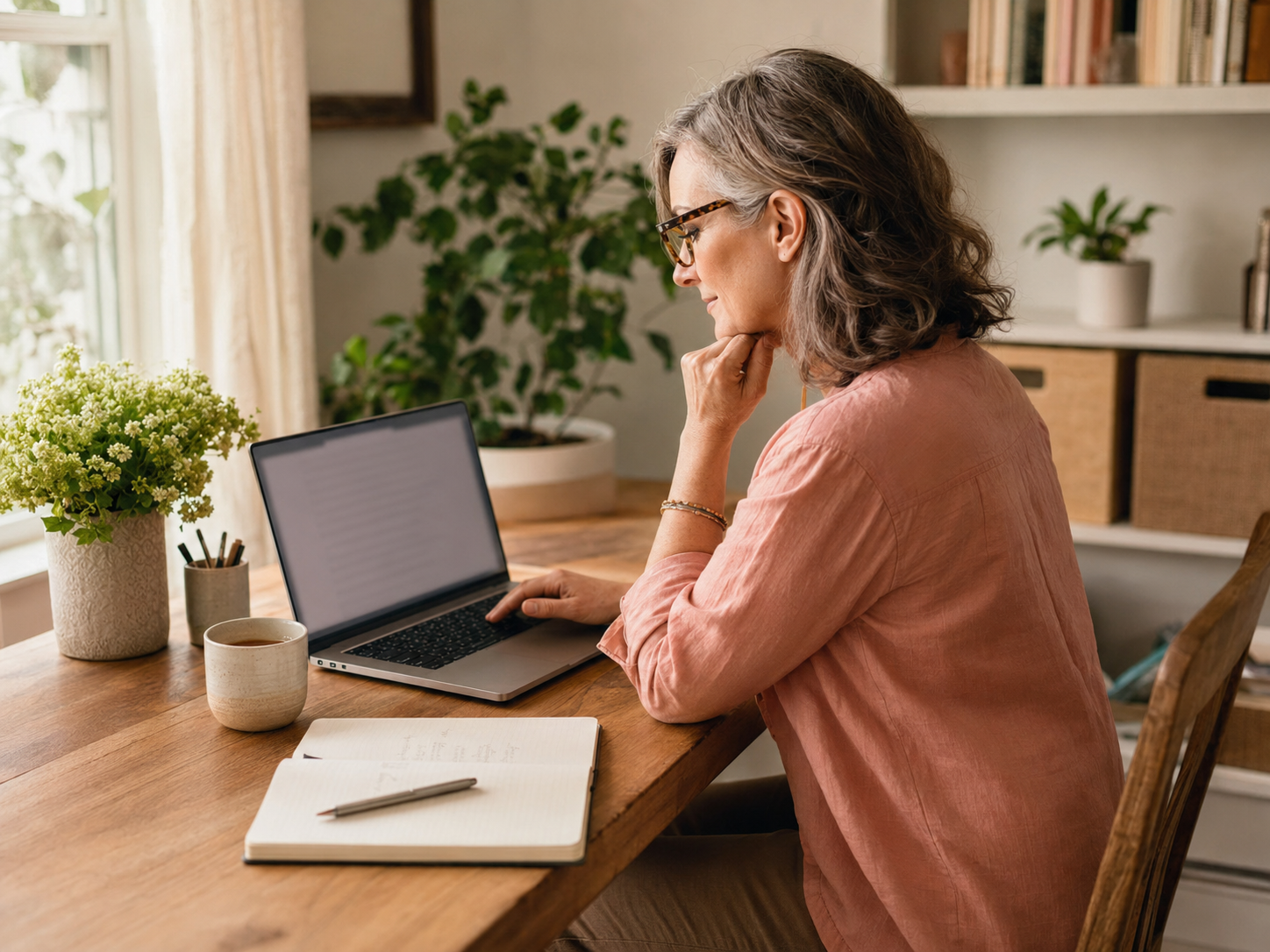 A mature small business owner working comfortably from a bright home office